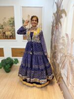 Navratri Special Dark Blue Color Chinon Fabric Print Work Shrug Lehenga Set