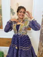 Navratri Special Dark Blue Color Chinon Fabric Print Work Shrug Lehenga Set