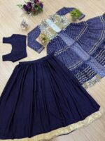Navratri Special Dark Blue Color Chinon Fabric Print Work Shrug Lehenga Set