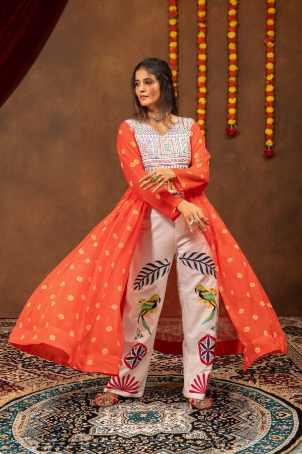Navratri Special Fanta Color Faux Georgette Fabric Jute Embroidery Work Shrug Jeans Set
