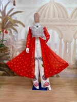 Navratri Special Fanta Color Faux Georgette Fabric Jute Embroidery Work Shrug Jeans Set