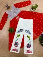 Navratri Special Fanta Color Faux Georgette Fabric Jute Embroidery Work Shrug Jeans Set