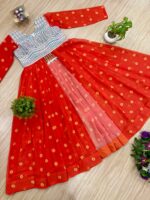 Navratri Special Fanta Color Faux Georgette Fabric Jute Embroidery Work Shrug Jeans Set
