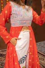 Navratri Special Fanta Color Faux Georgette Fabric Jute Embroidery Work Shrug Jeans Set