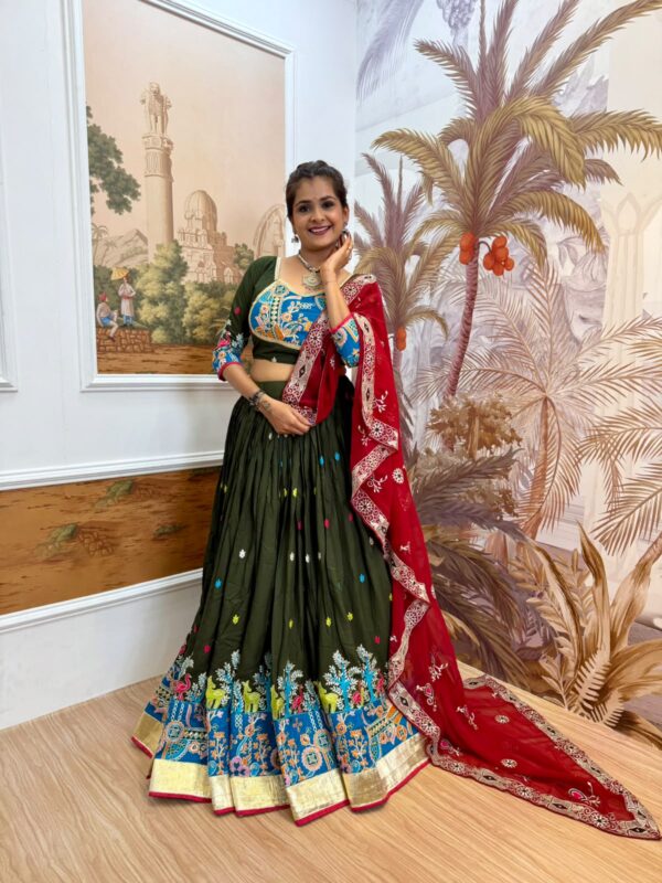 Navratri Special Green Color Rayon Fabric Embroidery Work Lehenga