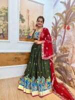 Navratri Special Green Color Rayon Fabric Embroidery Work Lehenga