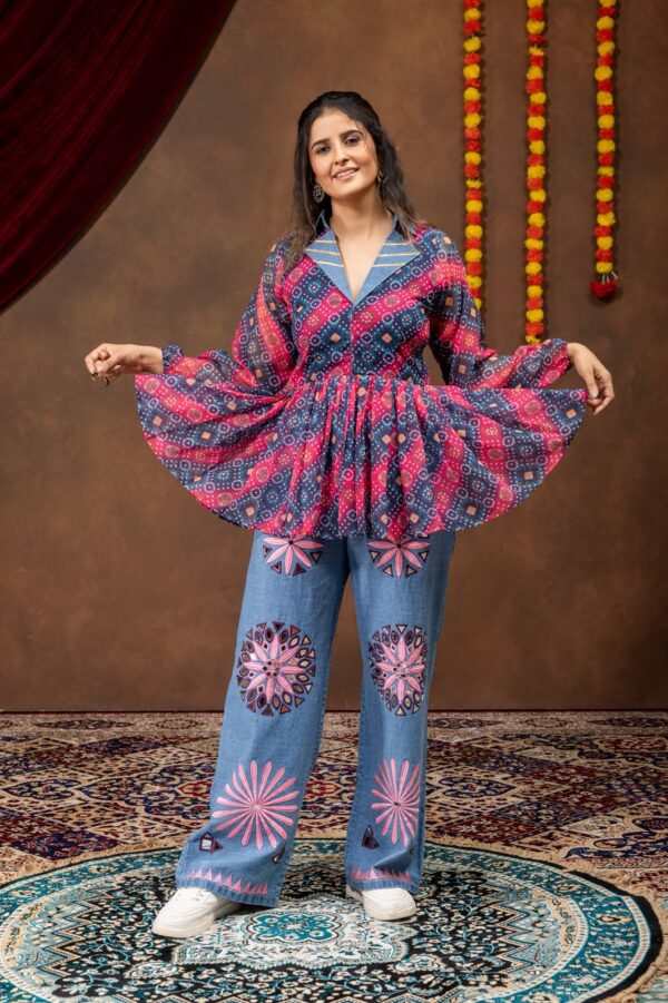 Navratri Special Multi Color Faux Georgette Fabric Print Work Kediya Jeans Set