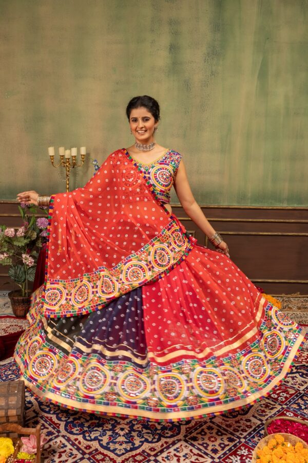 Navratri Special Multi Color Faux Georgette Fabric Print Work With Embroidery Work Lehenga