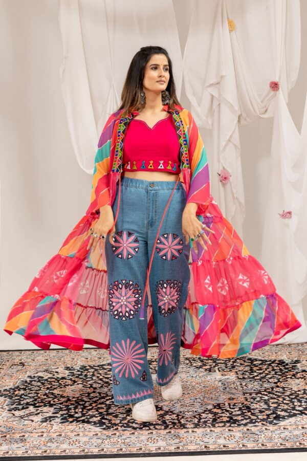 Navratri Special Multi Color Faux Georgette Fabric Real Mirror Work Shrug Jeans Set