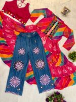Navratri Special Multi Color Faux Georgette Fabric Real Mirror Work Shrug Jeans Set