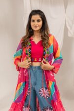 Navratri Special Multi Color Faux Georgette Fabric Real Mirror Work Shrug Jeans Set