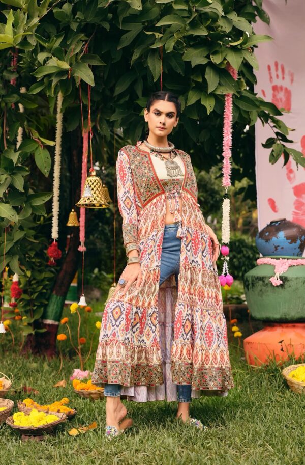 Navratri Special Multi Color Printed Cotton Fabric Jacquard Work Shrug Set