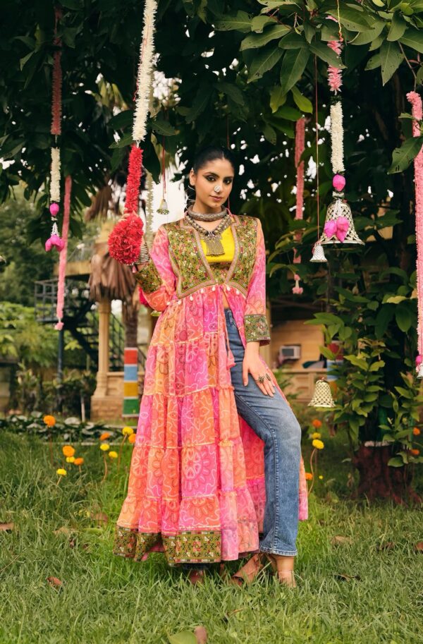 Navratri Special Multi Color Printed Cotton Fabric Jacquard Work Shrug Set