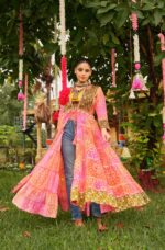 Navratri Special Multi Color Printed Cotton Fabric Jacquard Work Shrug Set
