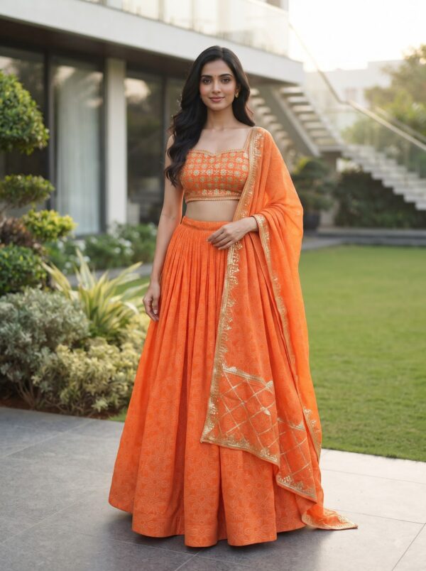 Navratri Special Orange Color Faux Georgette Fabric Print Work Lehenga