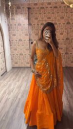 Navratri Special Orange Color Faux Georgette Fabric Print Work Lehenga