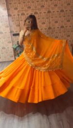 Navratri Special Orange Color Faux Georgette Fabric Print Work Lehenga