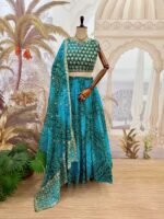 Navratri Special Teal Blue Color Faux Georgette Fabric Print Work Lehenga