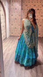 Navratri Special Teal Blue Color Faux Georgette Fabric Print Work Lehenga