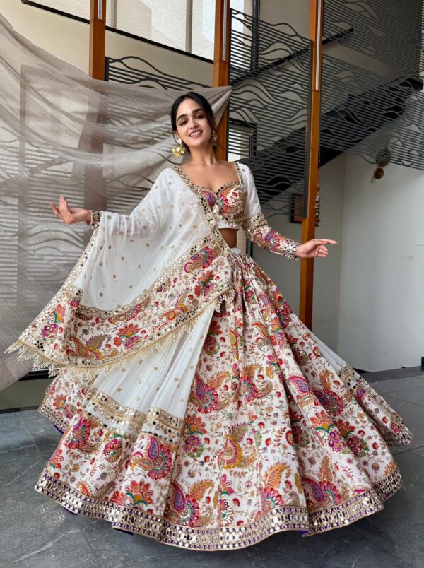 Navratri Special White Color Faux Georgette Fabric Sequence With Foil Mirror Work Lehenga