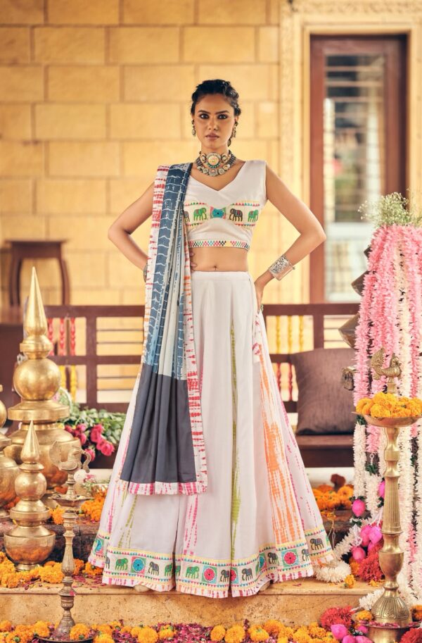 Navratri Special White Color Pure Cotton Fabric Shibori Print Work Lehenga
