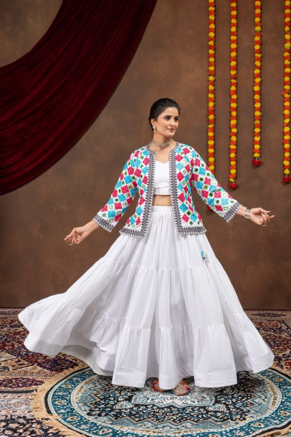 Navratri Special White Color Pure Rayon Fabric Koti Style Lehenga