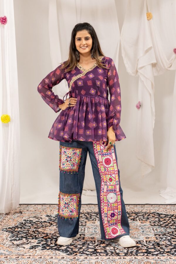 Navratri Special Wine Color Faux Georgette Fabric Print Work Kediya Jeans Set