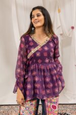 Navratri Special Wine Color Faux Georgette Fabric Print Work Kediya Jeans Set