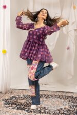 Navratri Special Wine Color Faux Georgette Fabric Print Work Kediya Jeans Set
