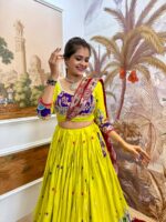 Navratri Special Yellow Color Rayon Fabric Embroidery Work Lehenga
