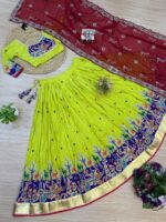 Navratri Special Yellow Color Rayon Fabric Embroidery Work Lehenga