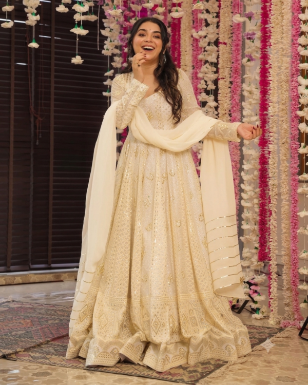 Off White Color Faux Georgette Fabric Sequence With Multi Thread Embroidery Work Anarkali Suit