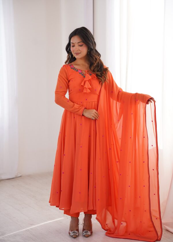Orange Color Faux Georgette Fabric Embroidery Thread Work Anarkali Suit