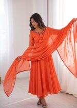 Orange Color Faux Georgette Fabric Embroidery Thread Work Anarkali Suit