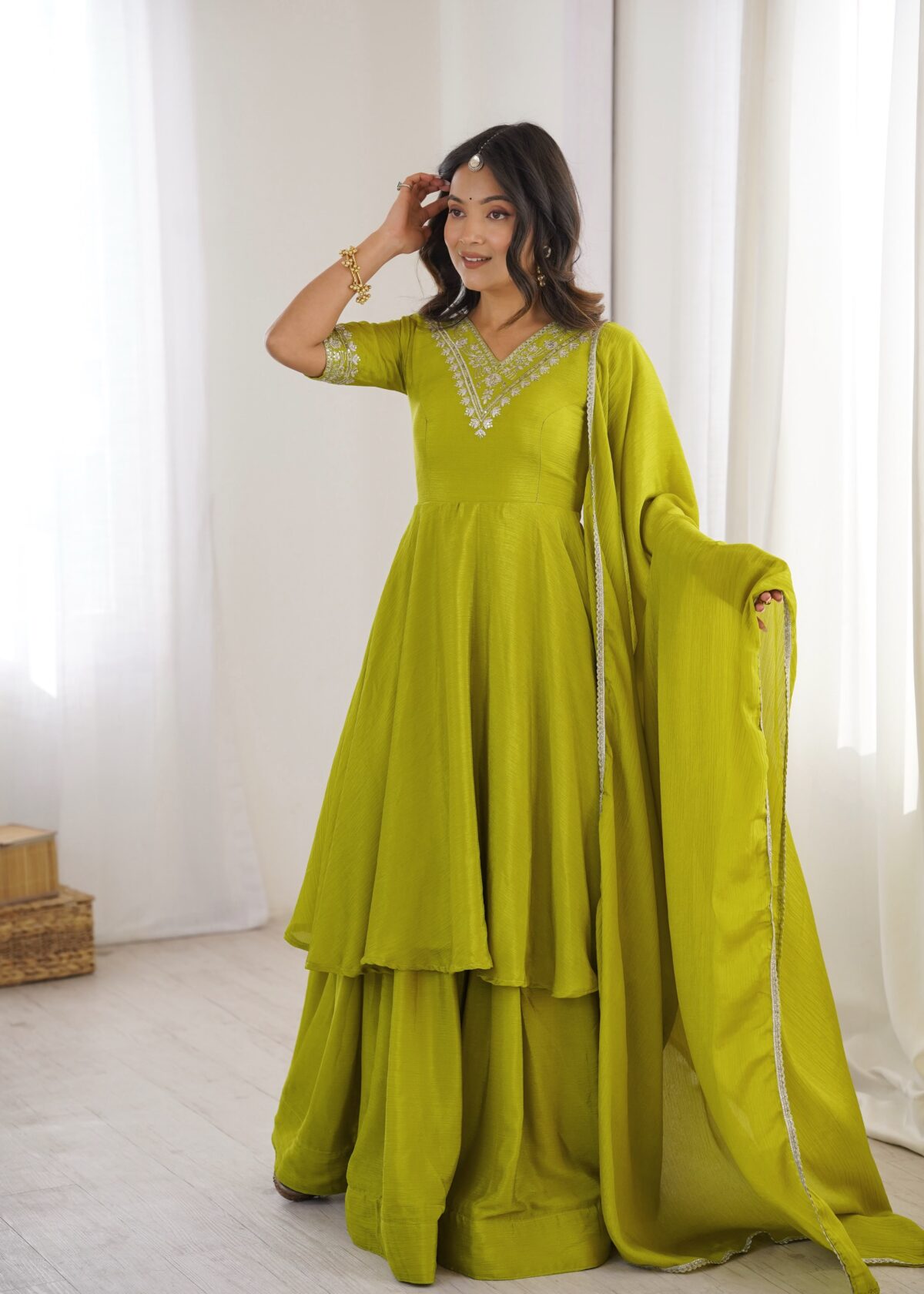 Parrot Color Chinon Silk Fabric Embroidery With Sequence Work Palazzo Suit