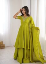 Parrot Color Chinon Silk Fabric Embroidery With Sequence Work Palazzo Suit