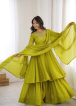 Parrot Color Chinon Silk Fabric Embroidery With Sequence Work Palazzo Suit