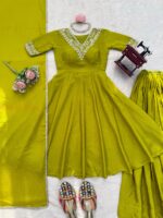 Parrot Color Chinon Silk Fabric Embroidery With Sequence Work Palazzo Suit