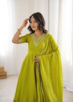 Parrot Color Chinon Silk Fabric Embroidery With Sequence Work Palazzo Suit