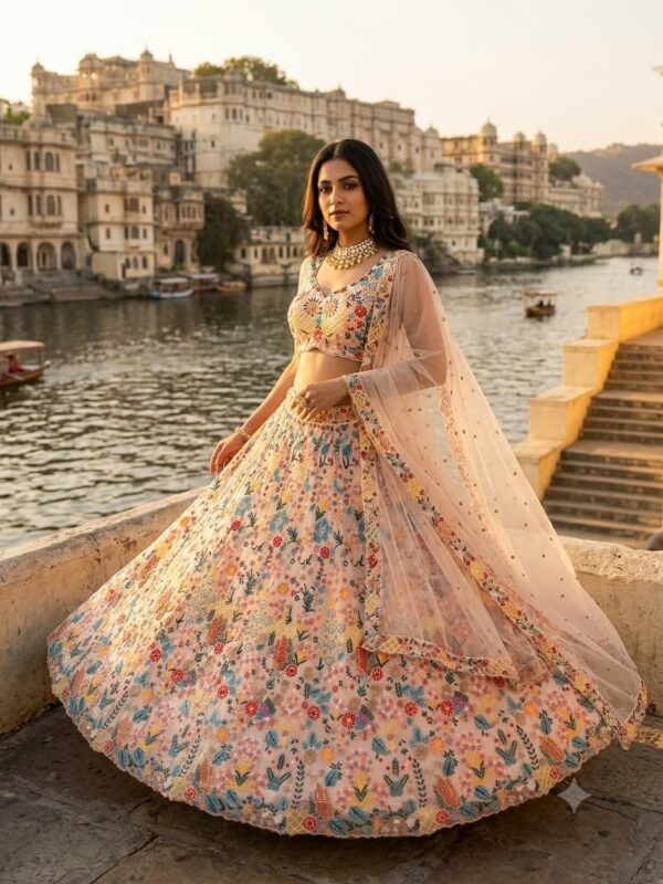 Peach Color Butterfly Soft Net Fabric Multi Thread Embroidery Work Lehenga