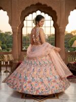 Peach Color Butterfly Soft Net Fabric Multi Thread Embroidery Work Lehenga