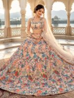 Peach Color Butterfly Soft Net Fabric Multi Thread Embroidery Work Lehenga