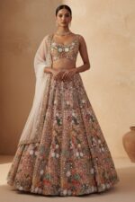 Peach Color Butterfly Soft Net Fabric Multi Thread Embroidery Work Lehenga