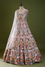 Peach Color Butterfly Soft Net Fabric Multi Thread Embroidery Work Lehenga