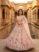 Peach Color Butterfly Soft Net Fabric Multi Thread Embroidery Work Lehenga