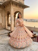Peach Color Butterfly Soft Net Fabric Multi Thread Embroidery Work Lehenga