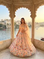 Peach Color Butterfly Soft Net Fabric Multi Thread Embroidery Work Lehenga