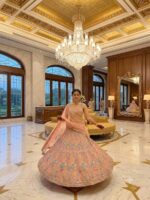 Peach Color Butterfly Soft Net Fabric Multi Thread Embroidery Work Lehenga