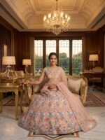 Peach Color Butterfly Soft Net Fabric Multi Thread Embroidery Work Lehenga