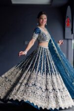 Peacock Blue Heavy Butterfly Net Beautiful Embroidery Work Bridal Lehenga